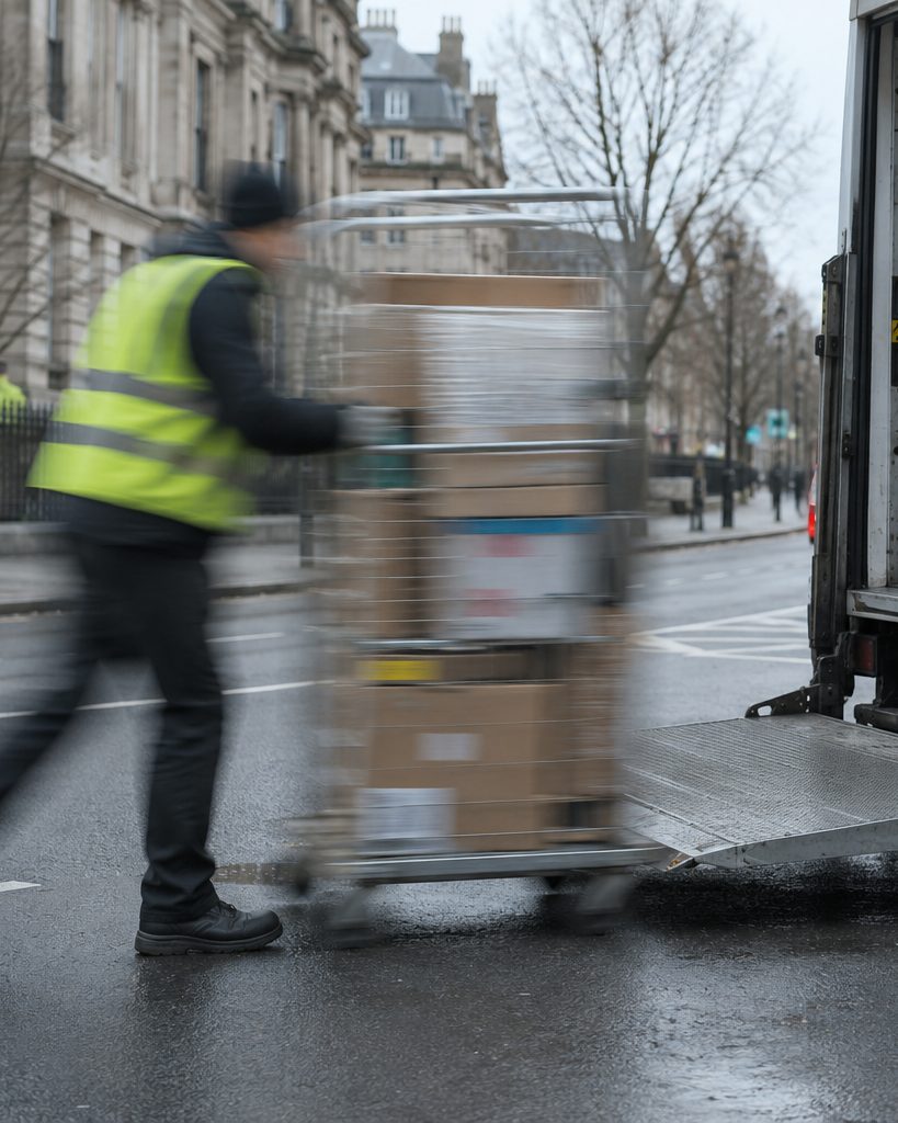 Een chauffeur in hesje duwt een rolcontainer langs de laadklep van zijn bestelbus, bewogen door de vaart.
